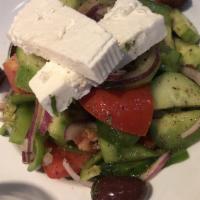 Greek · Vegetarian. mixed greens, Feta, pepperoncini, red onions, Kalamata olives, Roma tomatoes, Ba...