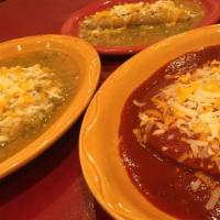 Ground Beef Enchilada Plate · Three rolled or flat homemade ground beef enchiladas smothered with your favorite Red Chile ...