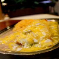 #9 Chicken Burrito Plate · Two  Burritos stuffed with Homemade shredded chicken. Smothered in red or hatch green Chile....