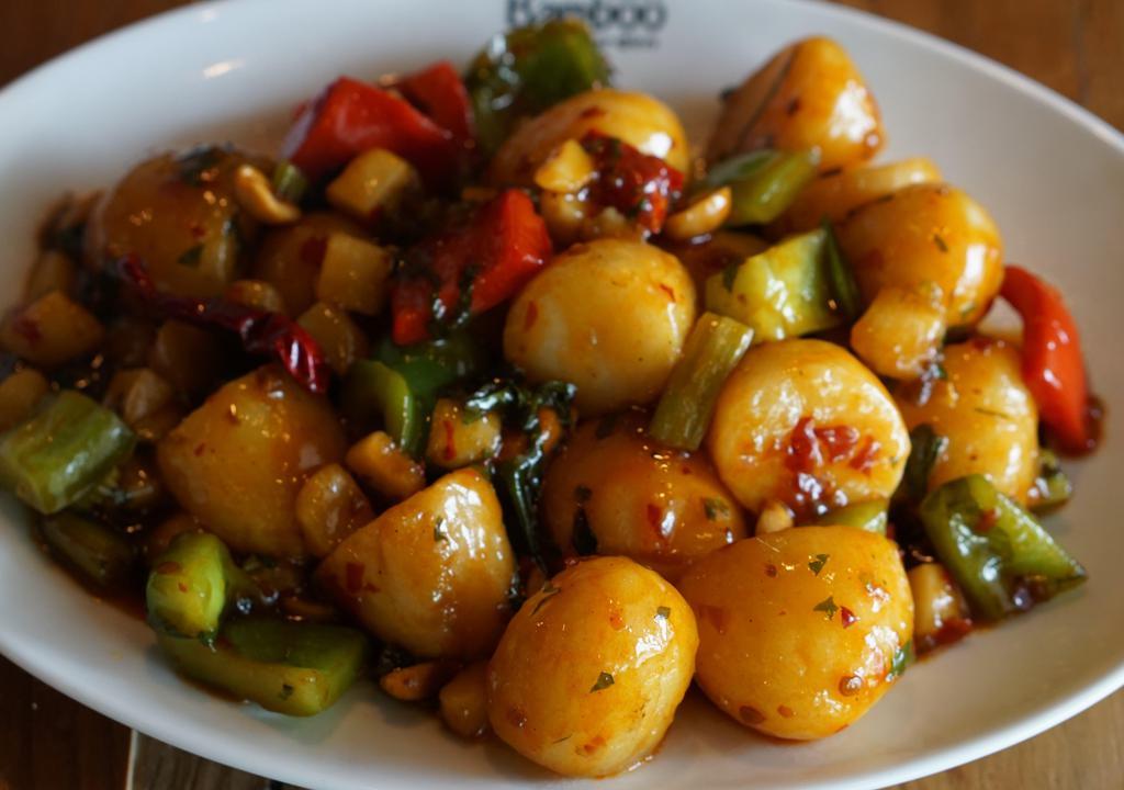 Kung Pao Potatoes · Vegan. Spicy. Baby potatoes, bell pepper, water chestnut, peanuts, dry red chili.  Dry for $1 extra.