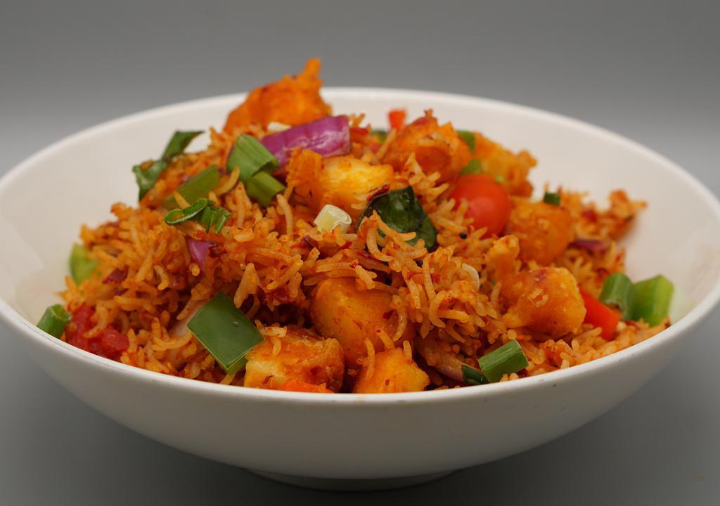 Paneer 65 Fried Rice · Spicy. Paneer, curry leaves, Indian spices, and dry red chili.