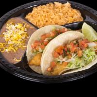 2 Fish Tacos Combo · Two fish tacos: tartar sauce, pico de gallo, cabbage and limes. Rice and beans with cheese o...