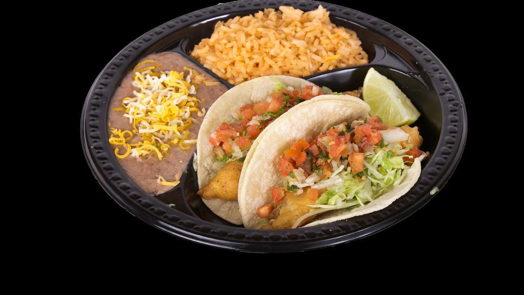 2 Fish Tacos Combo · Two fish tacos: tartar sauce, pico de gallo, cabbage and limes. Rice and beans with cheese on the side.