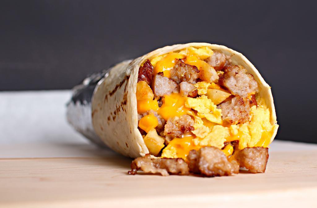 Sausage Breakfast Burrito · Sausage, eggs, potatoes, and cheese.