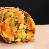 Veggie Breakfast Burrito · Eggs, potatoes, cheese, grilled bell pepper and onion. On a whole wheat tortilla.