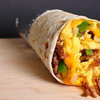 Machaca Breakfast Burrito · Eggs, cheese, shredded beef cooked with bell pepper, tomatoes, and onions.