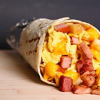 Ham Breakfast Burrito · Ham, eggs, potatoes, and cheese.