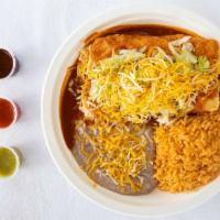 2 Enchiladas Combo · Choose between: shredded beef, chicken, ground beef or cheese. Served with rice and beans wi...