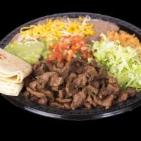 Carne Asada Plate Combo · Steak meat, pico de gallo, guacamole, and lettuce. Rice and beans with cheese on the side. C...