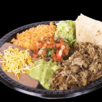 Carnitas Plate Combo · Shredded pork carnitas, with lettuce, pico de gallo and guacamole. Rice and beans with chees...