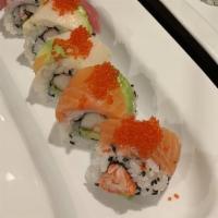 Rainbow Roll · California roll topped with avocado, salmon, tuna, white fish.