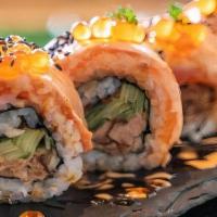 Bonsai Roll (5) · Spicy tuna roll, avocado, tempura flake topped tobiko, spicy mayo.