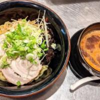 Tsukemen (Dipping Style Noodle) · Japanese dipping-style noodles (soup served on the side). Thick noodles. Topped with bamboo ...