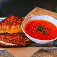 Grilled Cheese + Tomato Soup · tillamook cheddar, provolone, parmesan, sourdough gfo, v