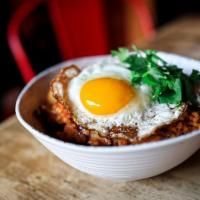 Kimchi Fred Rice · farm egg, pork belly, cilantro gf