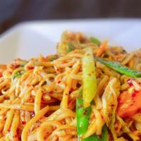 Lo-Mein · Stir-fried soft wheat noodles with an assortment of veggies.