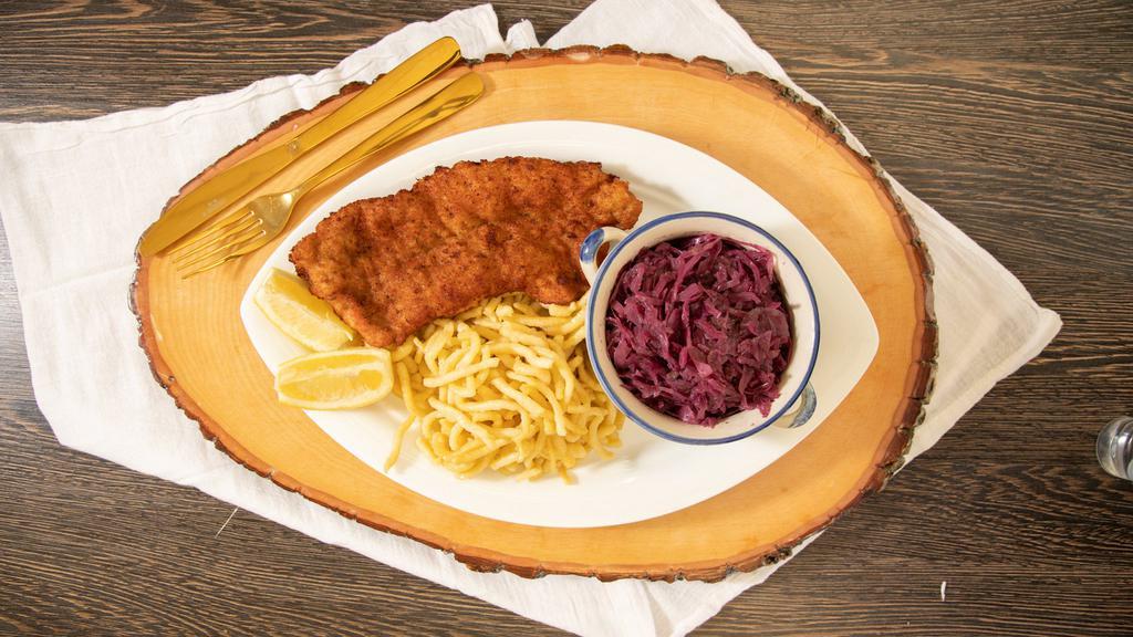 Wienerschnitzel · Schnitzel. Includes choice of two side dishes. (add brown gravy on schnitzel upon request.).