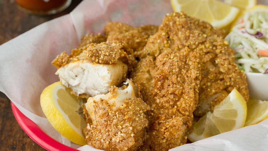 Southern Fried Catfish · Two pieces of southern fried catfish two sides and bread 🍞