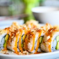 Crunch Roll · Inside out roll filled with fresh cucumber, creamy avocado, loads of kani (imitation krab) a...