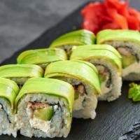 Dragon Roll · Inside out roll filled with unagi (sweet and savory eel), cucumber and a crunchy, plump temp...