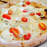 Quattro Formaggi Pizza · Fresh mozzarella, provolone, gorgonzola, ricotta, fresh chopped tomato.