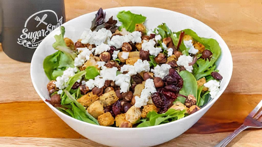 Oregon Salad · Mixed field greens with bleu cheese, roasted hazelnuts, dried cranberries, herb roasted croutons and marionberry vinaigrette dressing
