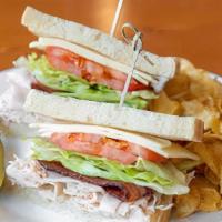 Turkey Club Sandwich · Crisp bacon, lettuce, fresh tomato, white cheddar and mayonnaise