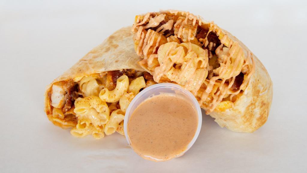 Loaded Burrito · Tender, Cheddar cheese, eggs, seasoned fries, Mac&Cheese  and comeback sauce wrapped in soft flour tortilla.