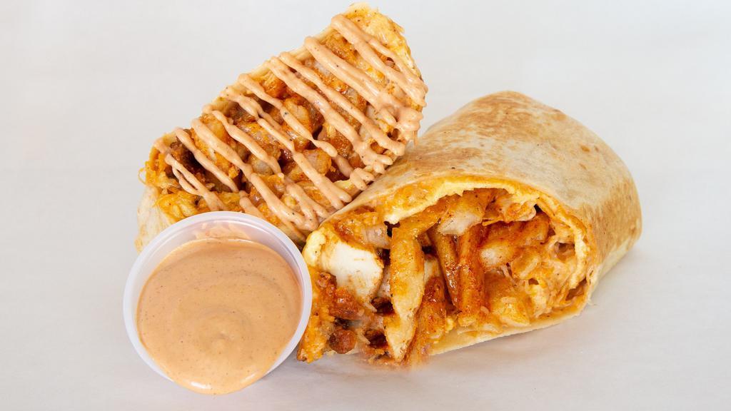 Blazing Burrito · Tender, Cheddar cheese, eggs, seasoned fries and comeback sauce wrapped in soft flour tortilla.