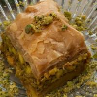 Baklava · Layers of filo dough filled with chopped nuts and syrup.