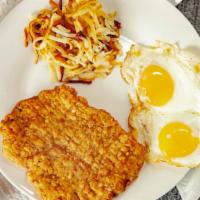 Chicken Fried Steak & Eggs · Two eggs, hash browns & 1/2 pound of the best Angus beef steak, pounded and batter dipped, f...
