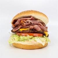 Crown Burger · Cheeseburger with pastrami. Garnished with thousand island dressing, lettuce, onions, and to...