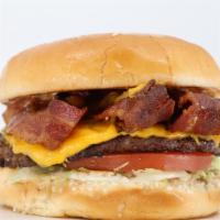 Bacon Cheese Burger · Quarter pound. Garnished with thousand island dressing, lettuce, onions, and tomato. America...