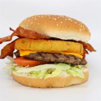 The Westerner · Garnished with, BBQ Sauce, Shredded Lettuce, Tomato, Two Onion Rings, American Cheese