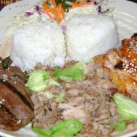 Hawaiian Bbq Special · Tropical trio of Hawaiian BBQ! Choice cut beef, award winning Loli chicken and slow smoked k...