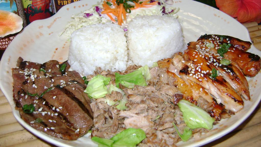 Hawaiian Bbq Special · Tropical trio of Hawaiian BBQ! Choice cut beef, award winning Loli chicken and slow smoked kalua pork.