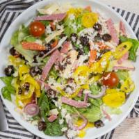 Antipasto Salad (Dressing On The Side) · Romaine lettuce, tomatoes, black olives, red onions, banana peppers, capocolla, Genoa salami...