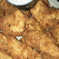 Chicken Tenders (7) · Hand-battered fresh chicken tenders. Served with Ranch, BBQ, honey mustard or buffalo medium...