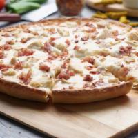 Chicken Bacon Ranch Pizza · This pizza has our signature creamy garlic sauce, fresh diced mozzarella cheese, All-Natural...