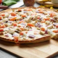 Creamy Garlic Chicken Pizza · This pizza has our signature creamy garlic sauce, fresh diced mozzarella cheese, fresh mushr...