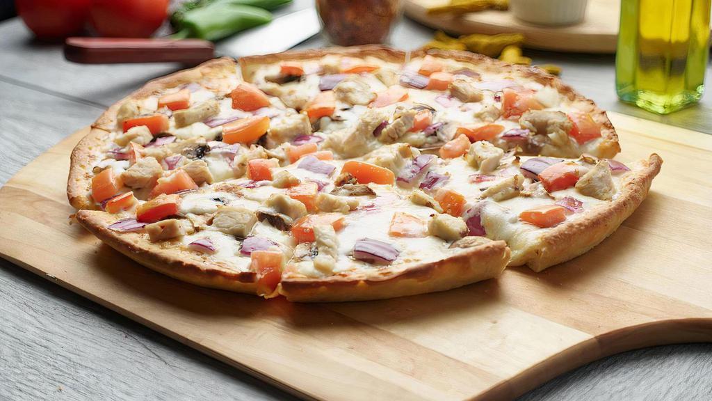 Creamy Garlic Chicken Pizza · This pizza has our signature creamy garlic sauce, fresh diced mozzarella cheese, fresh mushrooms, crisp red onions, juicy tomatoes, and All-Natural Garlic Chicken Breast