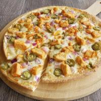 Buffalo Chicken Pizza · This pizza has our signature creamy garlic sauce, fresh diced mozzarella cheese, crisp red o...