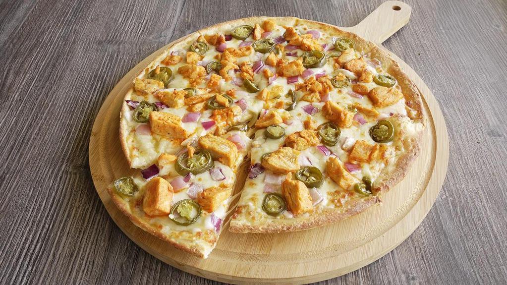 Buffalo Chicken Pizza · This pizza has our signature creamy garlic sauce, fresh diced mozzarella cheese, crisp red onions, spicy jalapeno, and All-Natural  Buffalo Chicken Breast