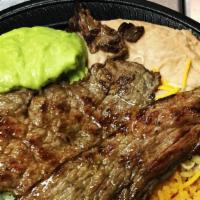 #Carne Asada Plate · With two tortillas, rice, and beans.
