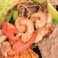  #Fajita Mix · Shrimp, steak and chicken. with two tortillas, rice and beans.