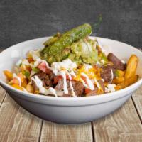 Carne Asada Fries · Seasoned french fries, refried beans, carne asada, pico de gallo topped with cheddar cheese,...
