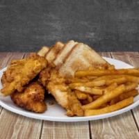 Chicken Strips And Fries · 5 Chicken strips, French fries, and Texas toast.

* 5 Plesas de polio, papas frltas y pan Te...