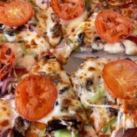 Vegetariana Pizza - Large 15Inches (8 Slices) · Tomatoes, mushrooms, green peppers, black olives, onions, and mozzarella.