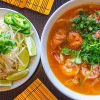 Bánh Canh Tôm Cua · Steamed shrimp, fried shrimp paste, real crab, & imitation crab tapioca noodle soup (thick b...