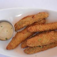 Fried Pickles · Breaded and fried pickle fries served with a poblano ranch dipping sauce